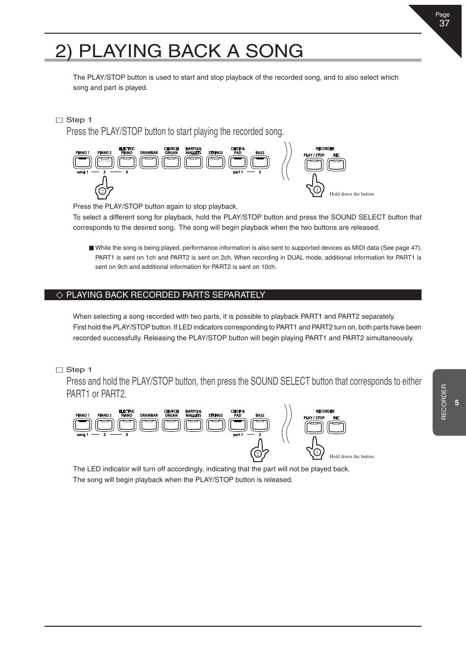 2) playing back a song | Kawai CN32 User Manual | Page 37 / 68