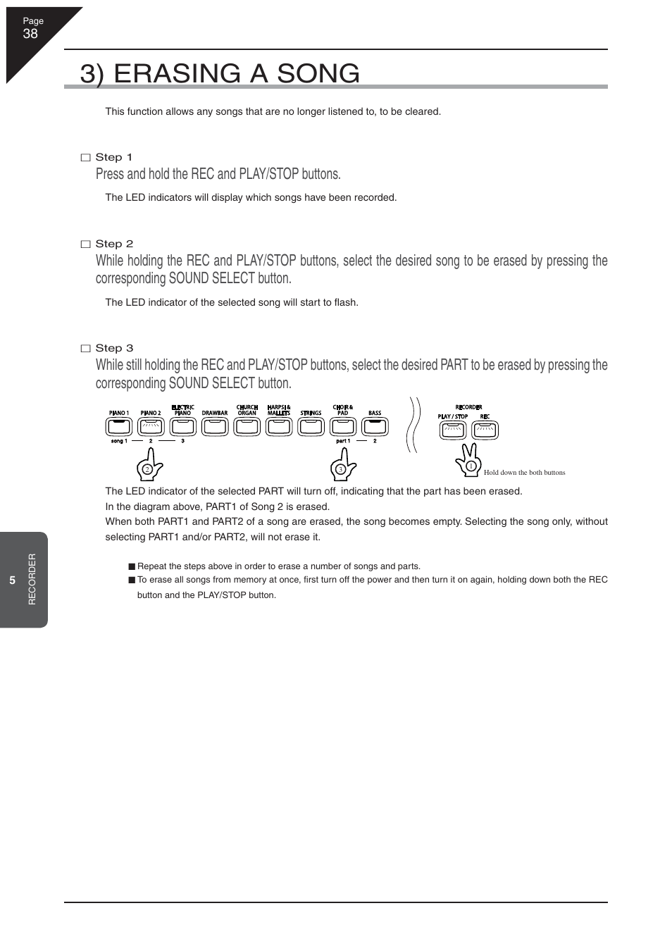 3) erasing a song, Press and hold the rec and play/stop buttons | Kawai CN32 User Manual | Page 38 / 68