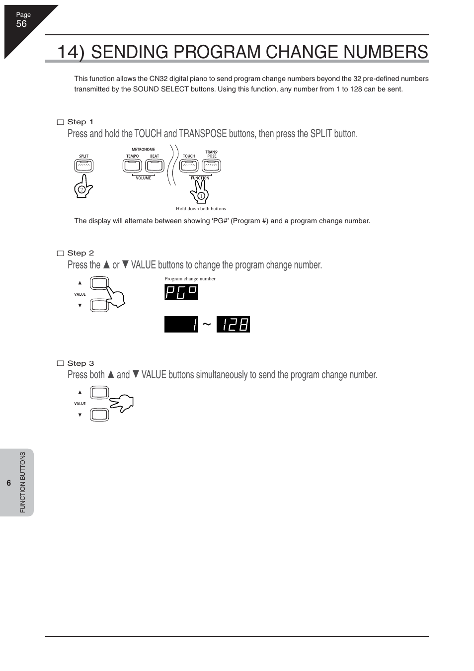 14) sending program change numbers | Kawai CN32 User Manual | Page 56 / 68