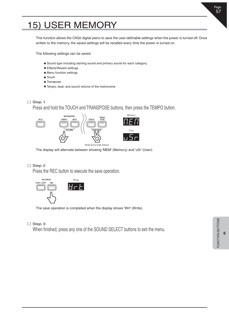 Press the rec button to execute the save operation | Kawai CN32 User Manual | Page 57 / 68