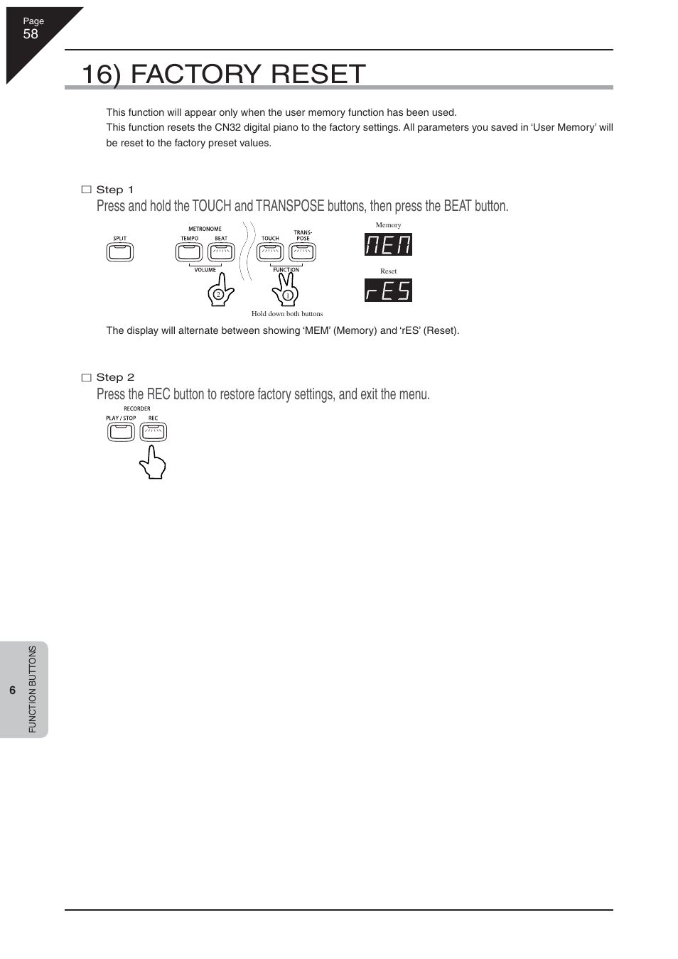 16) factory reset | Kawai CN32 User Manual | Page 58 / 68