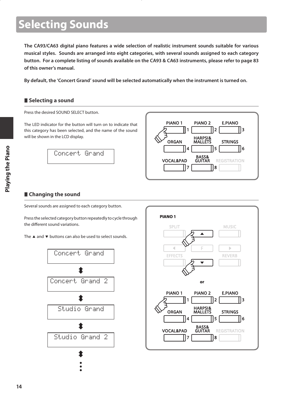 Selecting sounds | Kawai CONCERT ARTIST CA63 User Manual | Page 14 / 96