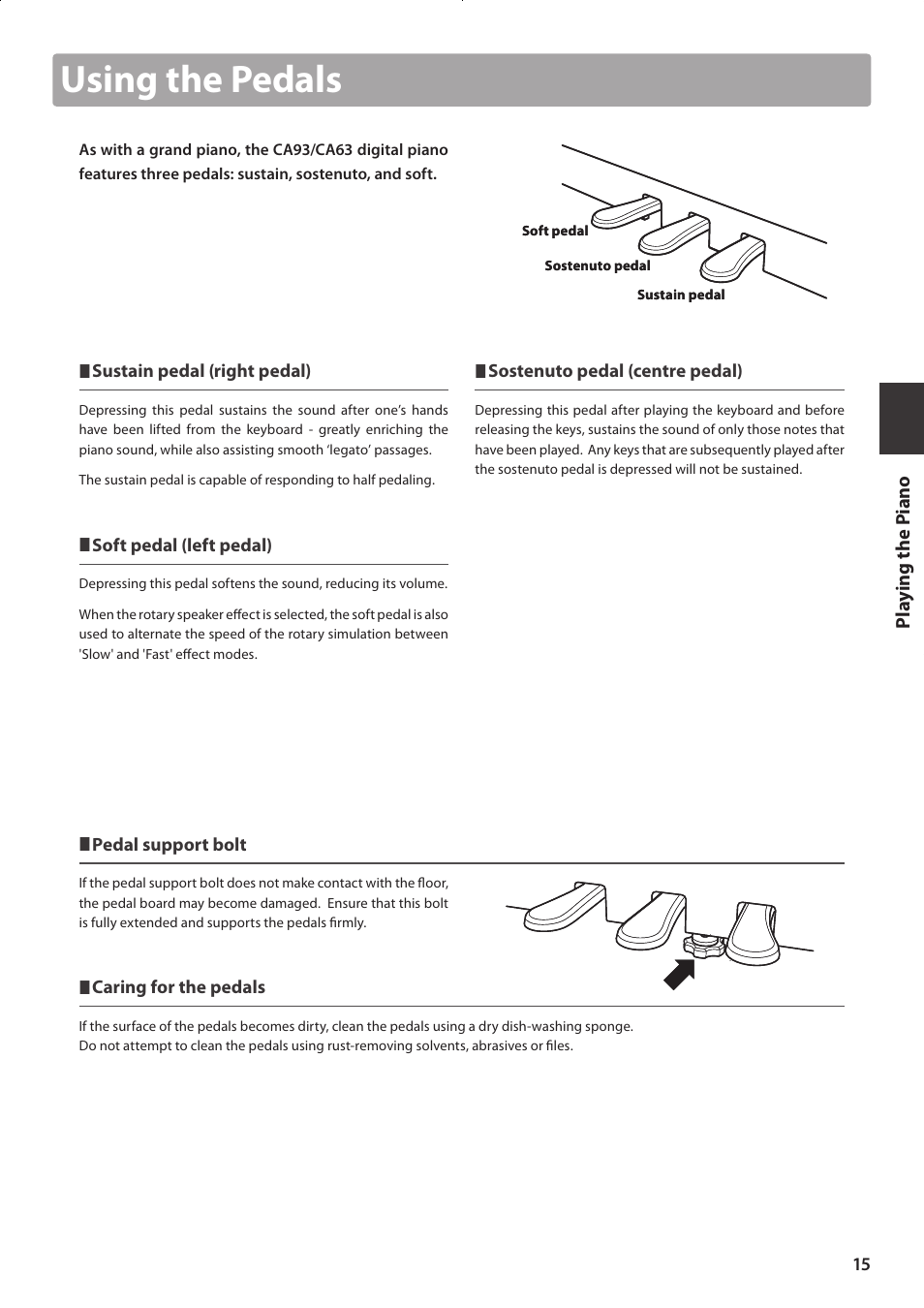 Using the pedals | Kawai CONCERT ARTIST CA63 User Manual | Page 15 / 96