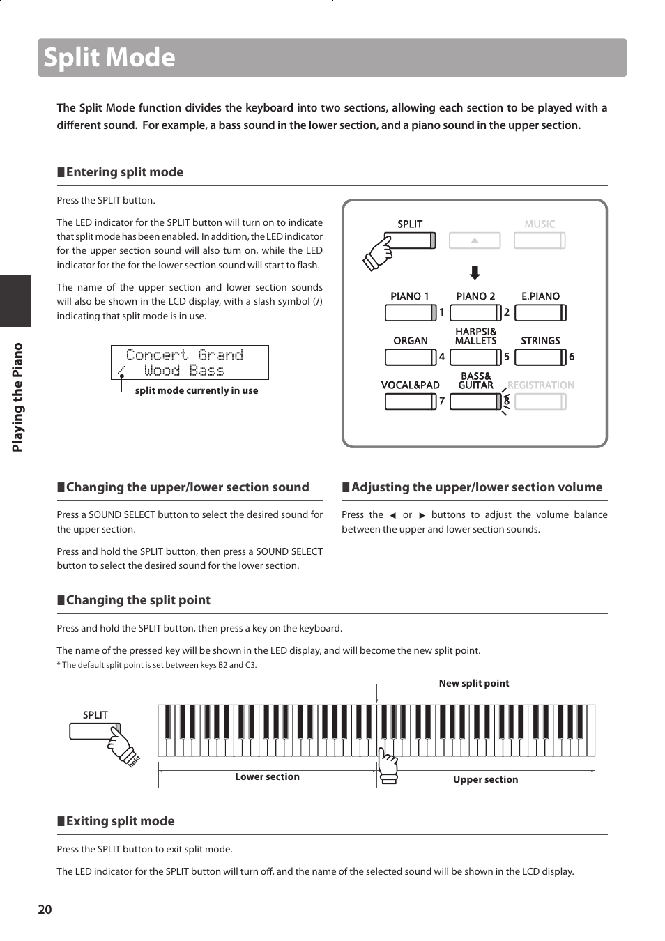 Split mode, Concert grand / wood bass | Kawai CONCERT ARTIST CA63 User Manual | Page 20 / 96