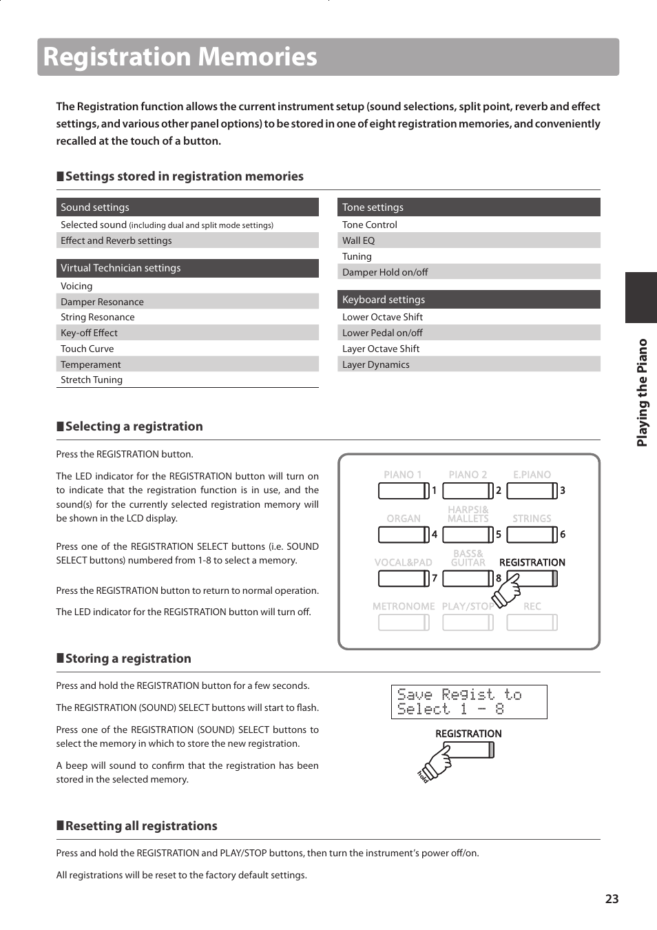 Save regist to select 1 - 8, Pla y ing the p iano | Kawai CONCERT ARTIST CA63 User Manual | Page 23 / 96