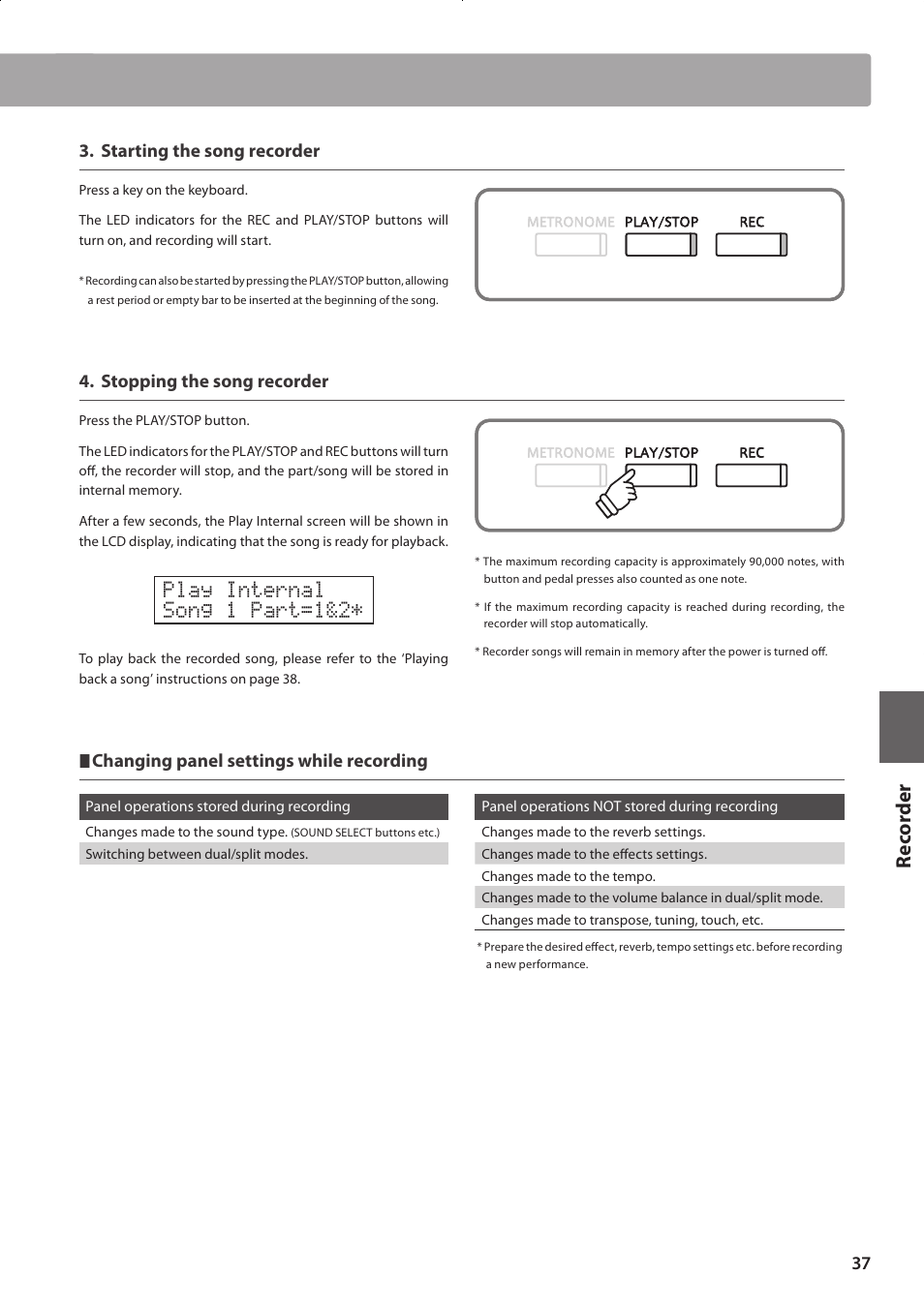 Re corde r, Play internal song 1 part=1&2, Starting the song recorder | Stopping the song recorder, Changing panel settings while recording | Kawai CONCERT ARTIST CA63 User Manual | Page 37 / 96