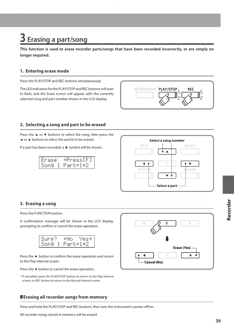 Erasing a part/song | Kawai CONCERT ARTIST CA63 User Manual | Page 39 / 96