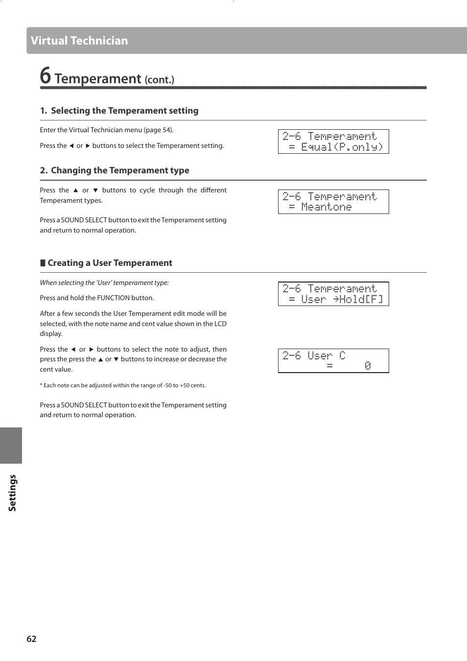 Temperament, Virtual technician | Kawai CONCERT ARTIST CA63 User Manual | Page 62 / 96