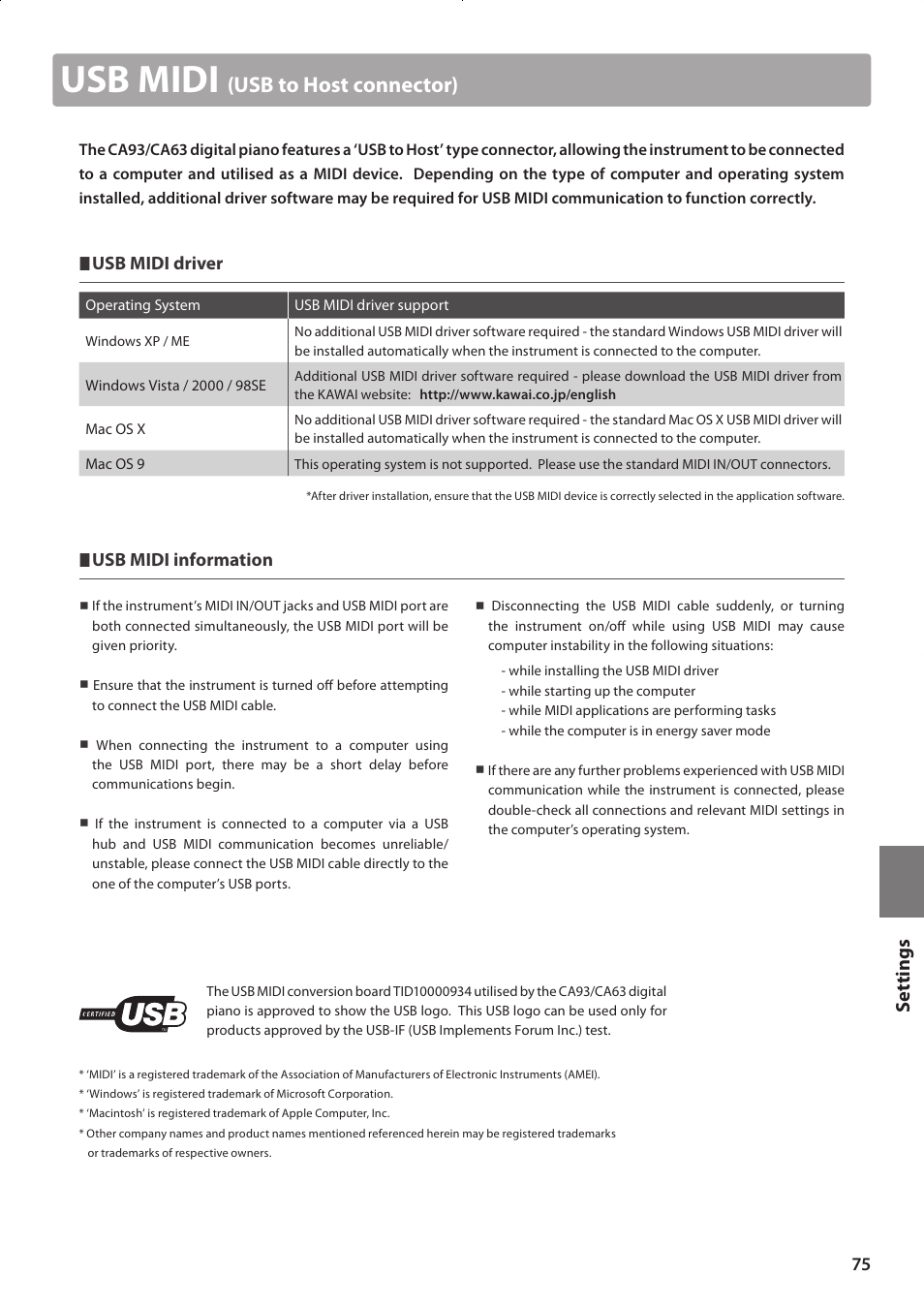 Usb midi, Usb to host connector), Set tings | Kawai CONCERT ARTIST CA63 User Manual | Page 75 / 96