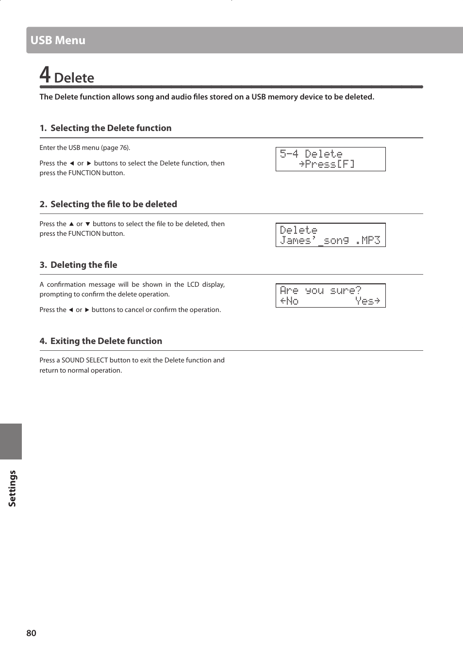 Delete, Usb menu | Kawai CONCERT ARTIST CA63 User Manual | Page 80 / 96