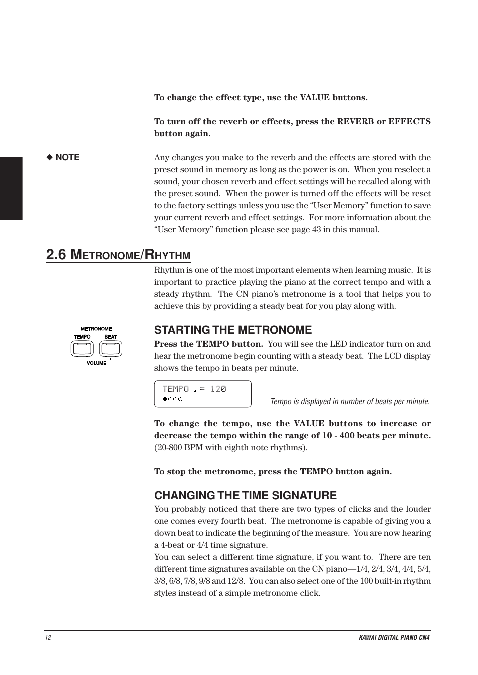 Starting the metronome, Changing the time signature | Kawai CN4 User Manual | Page 16 / 74