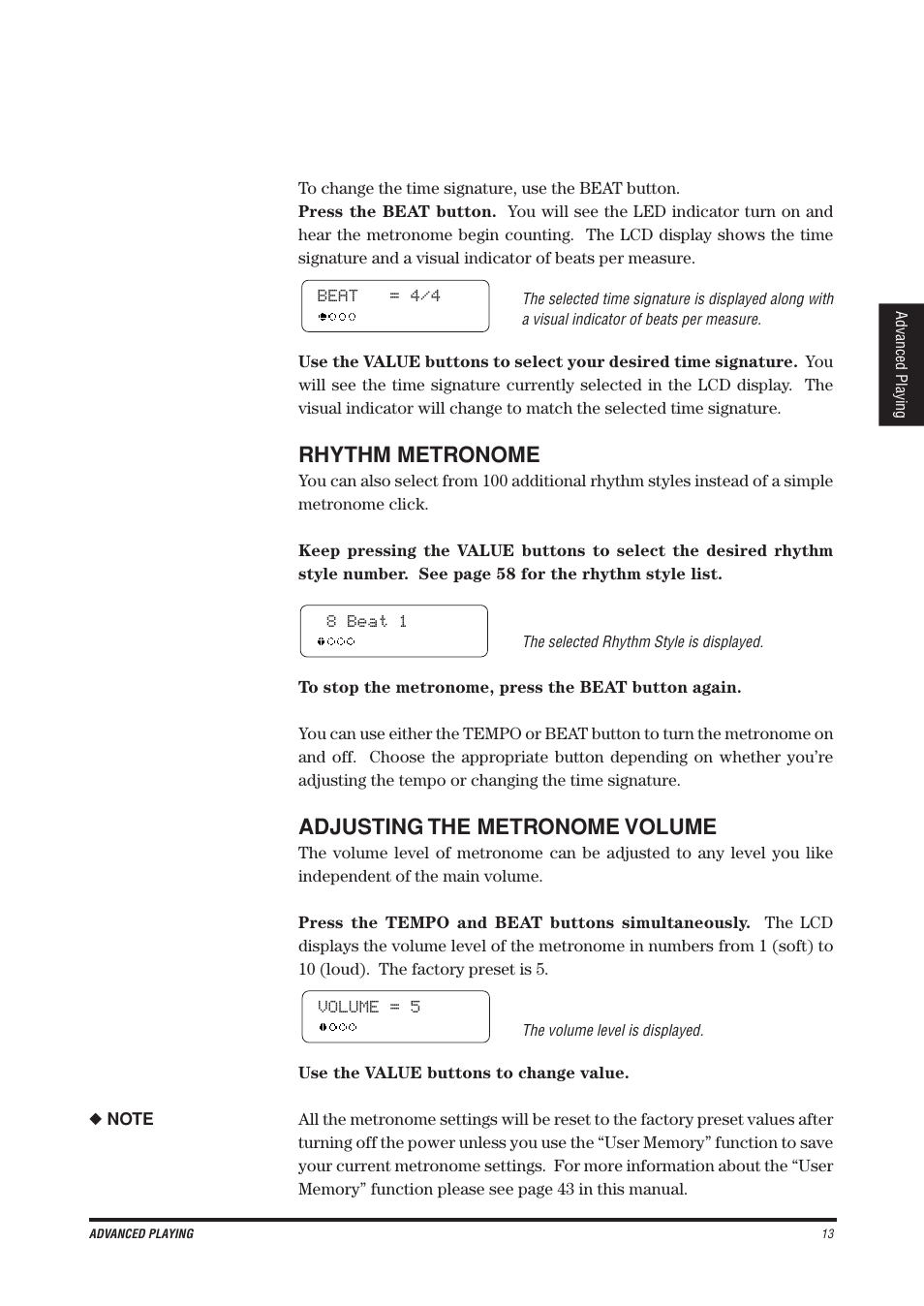 Rhythm metronome, Adjusting the metronome volume | Kawai CN4 User Manual | Page 17 / 74