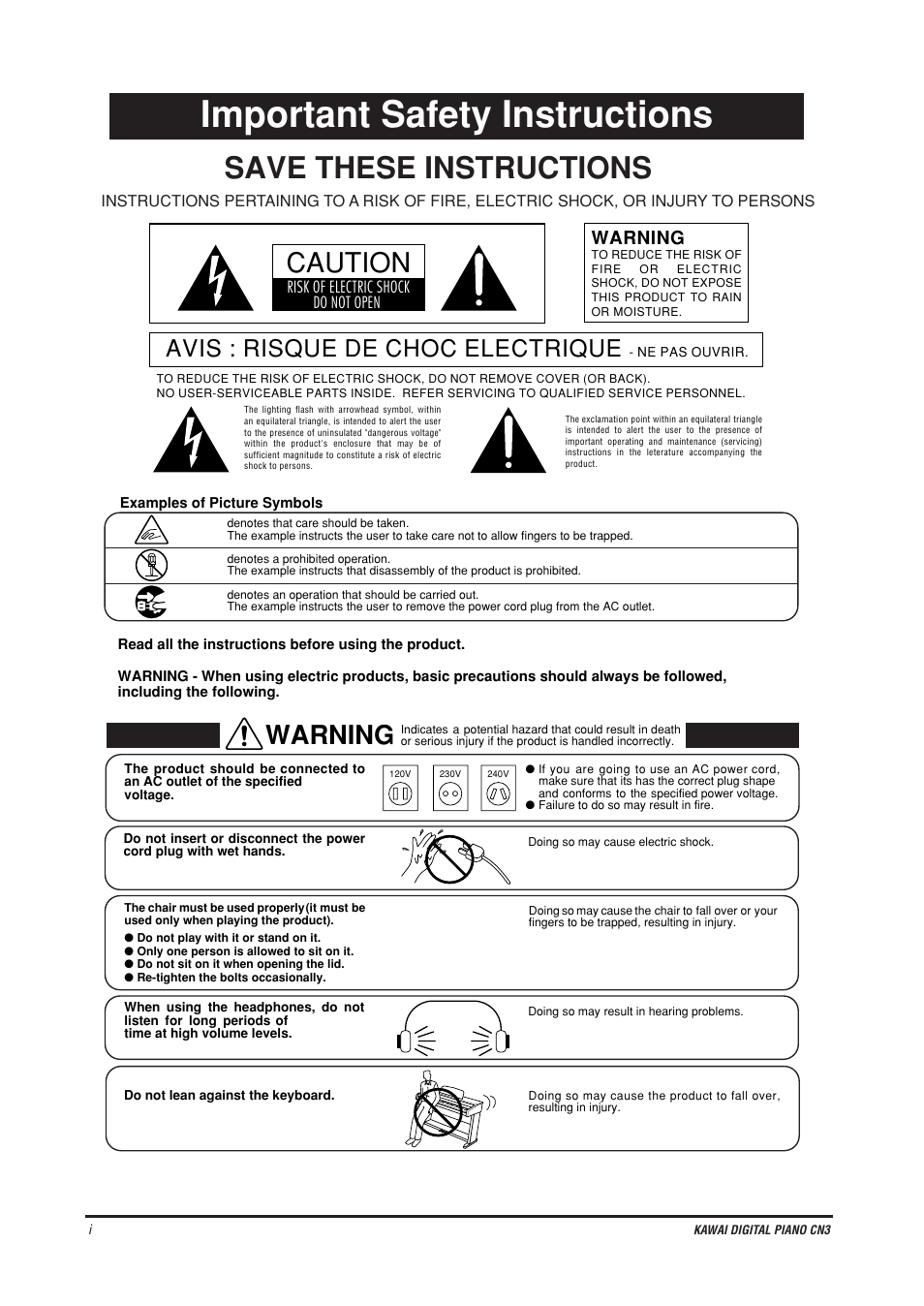 Important safety instructions, Save these instructions, Caution | Warning, Avis : risque de choc electrique | Kawai CN4 User Manual | Page 2 / 74