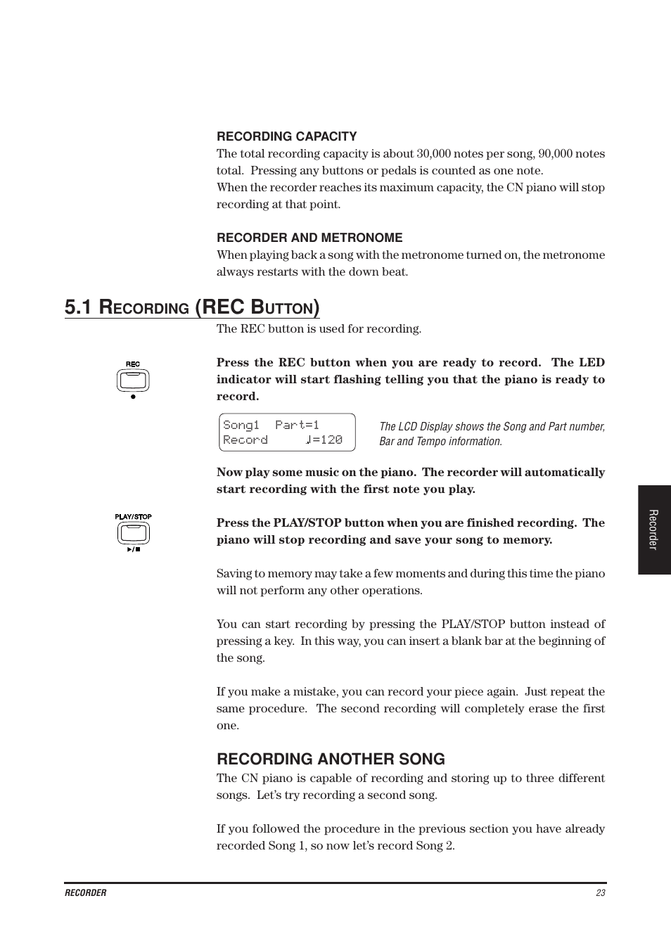 Rec b, Recording another song | Kawai CN4 User Manual | Page 27 / 74