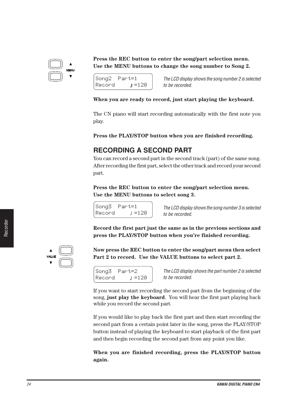 Recording a second part | Kawai CN4 User Manual | Page 28 / 74