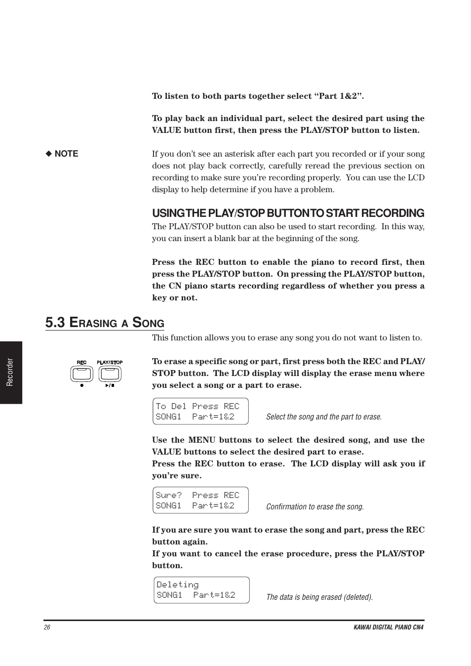 Using the play/stop button to start recording | Kawai CN4 User Manual | Page 30 / 74