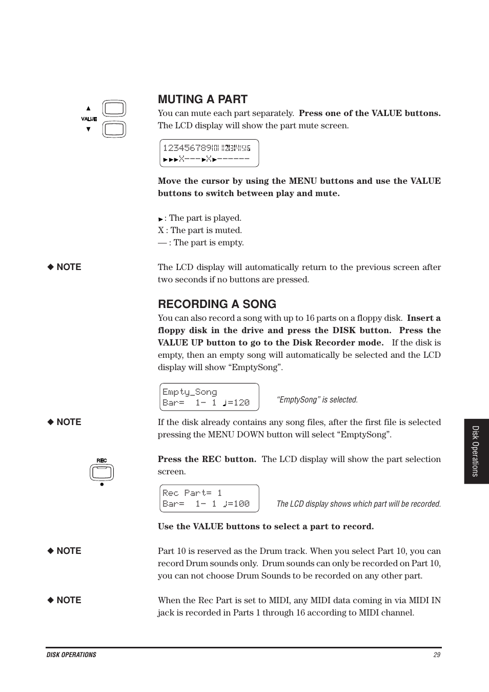 Muting a part, Recording a song | Kawai CN4 User Manual | Page 33 / 74