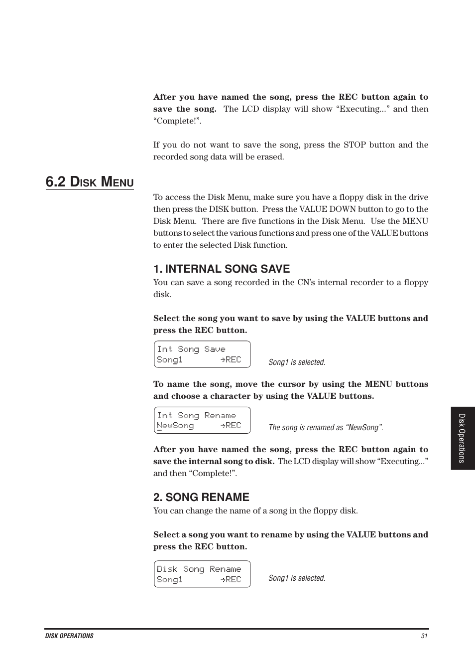 Internal song save, Song rename | Kawai CN4 User Manual | Page 35 / 74