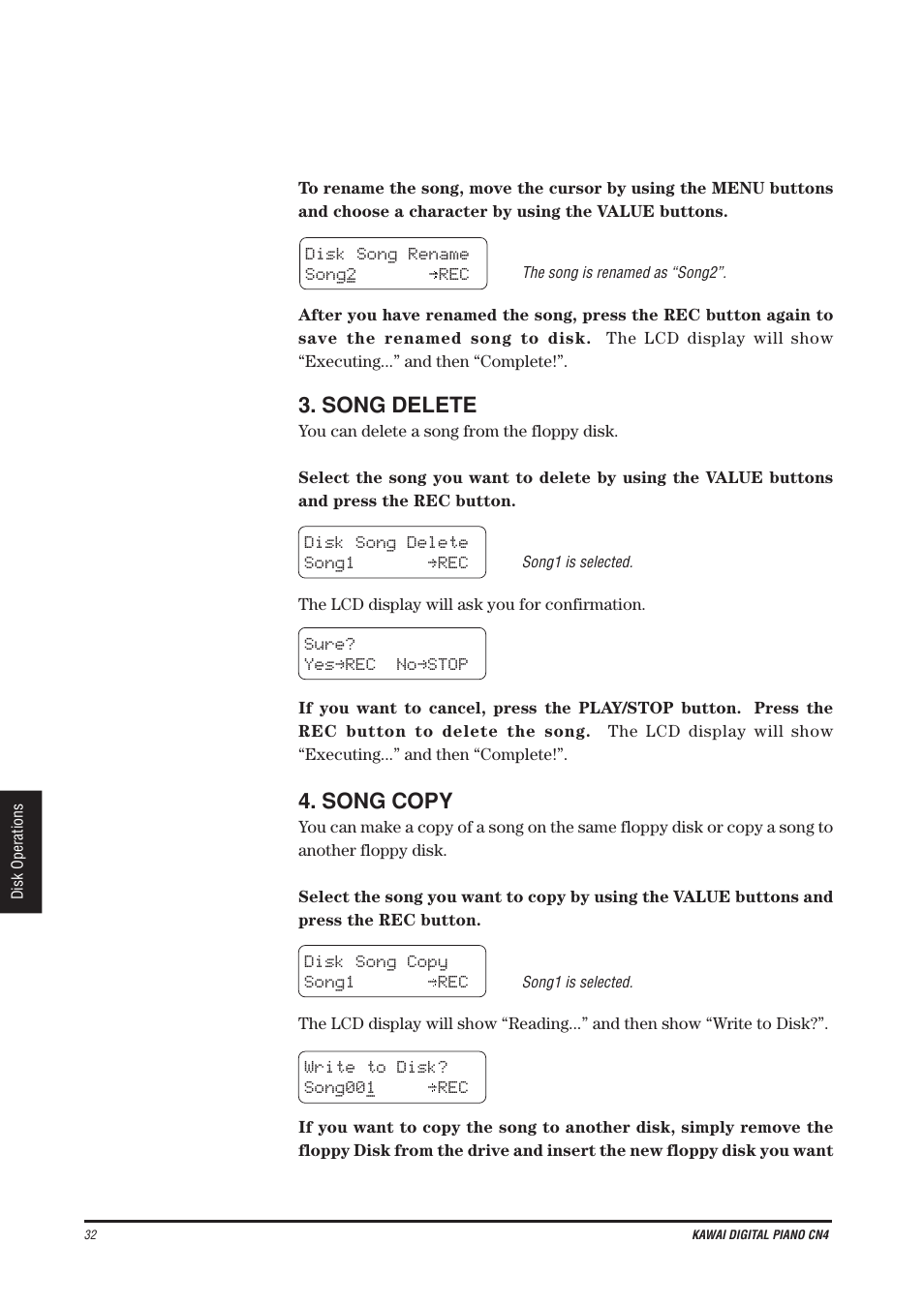 Song delete, Song copy | Kawai CN4 User Manual | Page 36 / 74