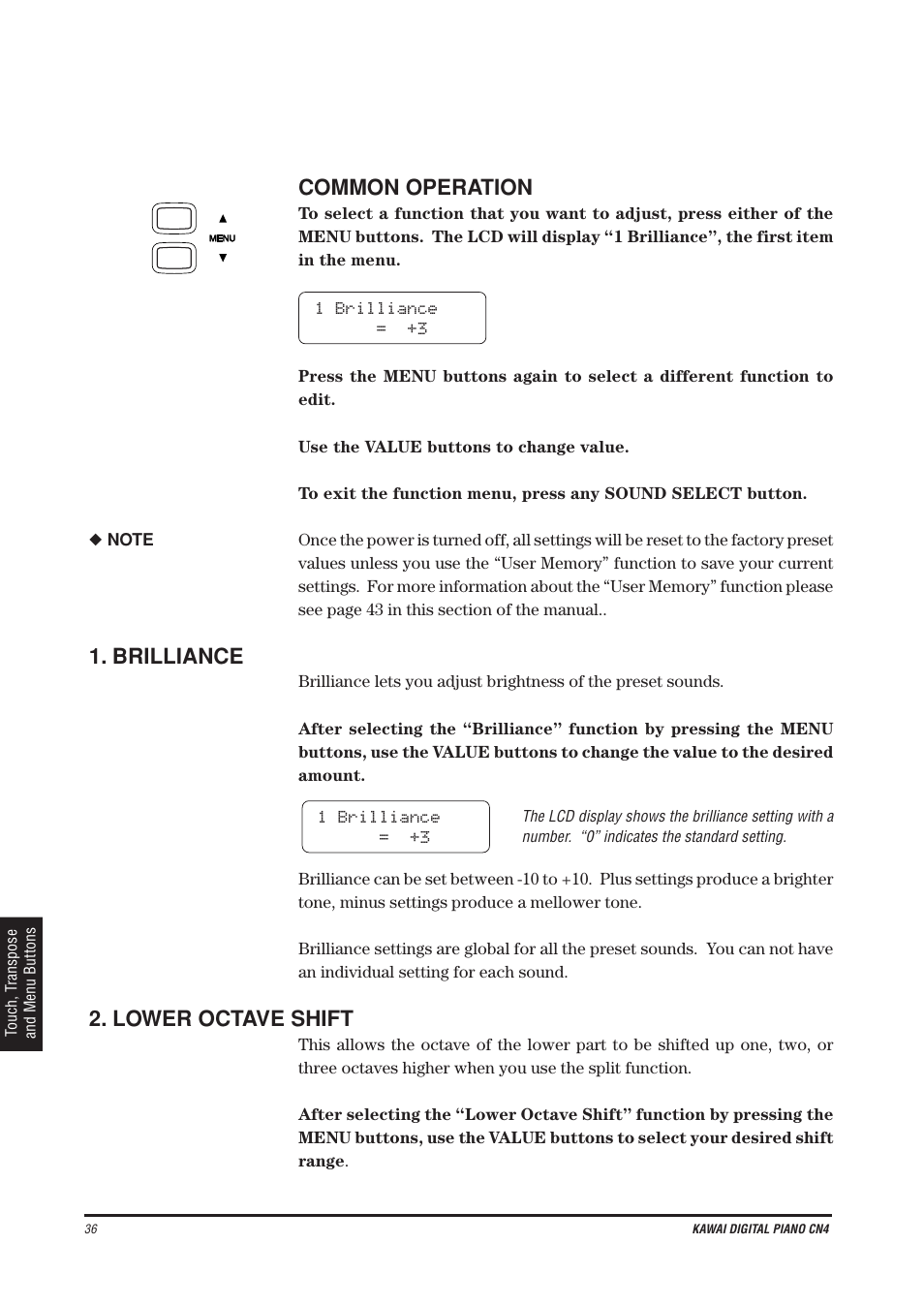 Common operation, Brilliance, Lower octave shift | Kawai CN4 User Manual | Page 40 / 74