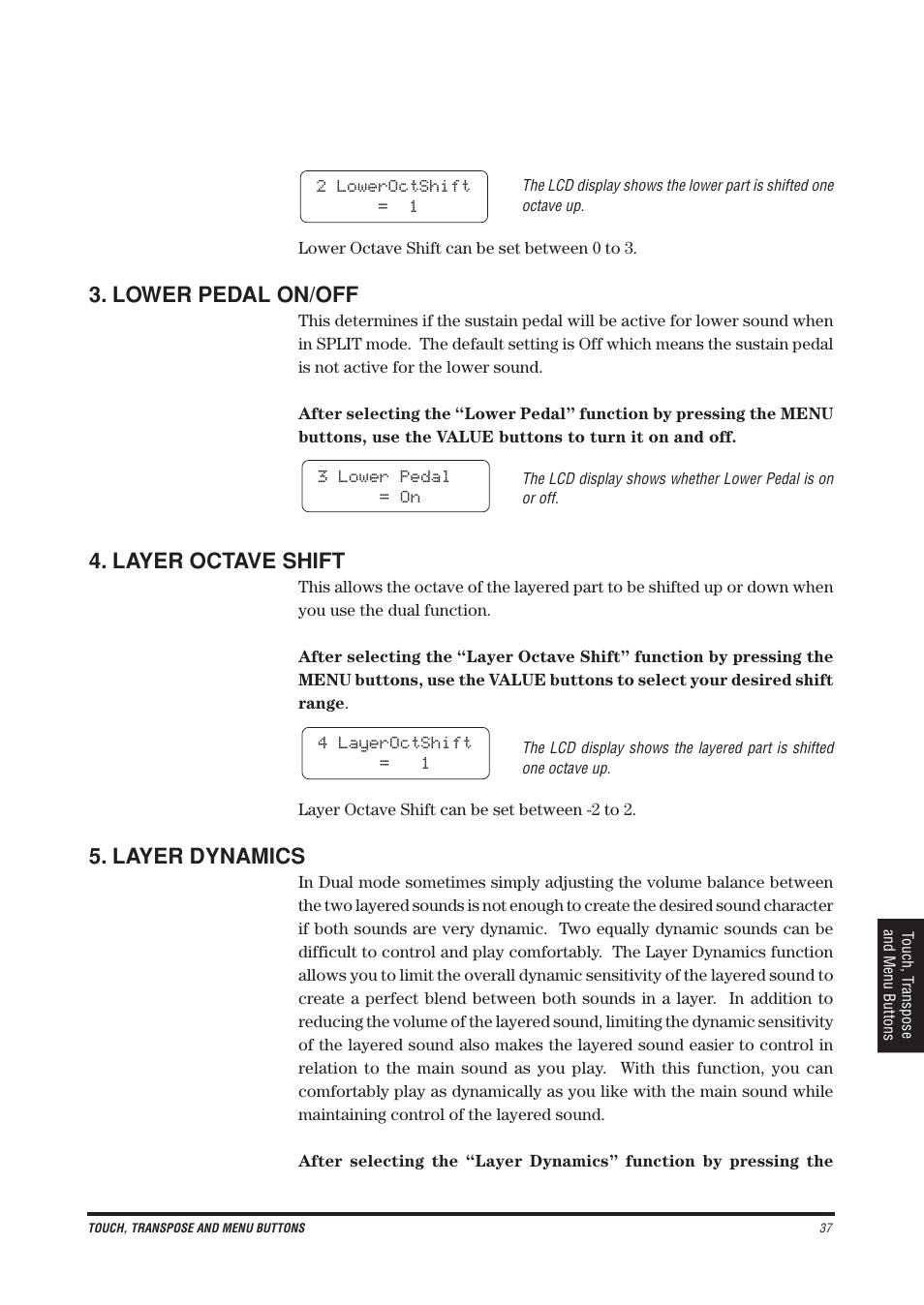 Lower pedal on/off, Layer octave shift, Layer dynamics | Kawai CN4 User Manual | Page 41 / 74