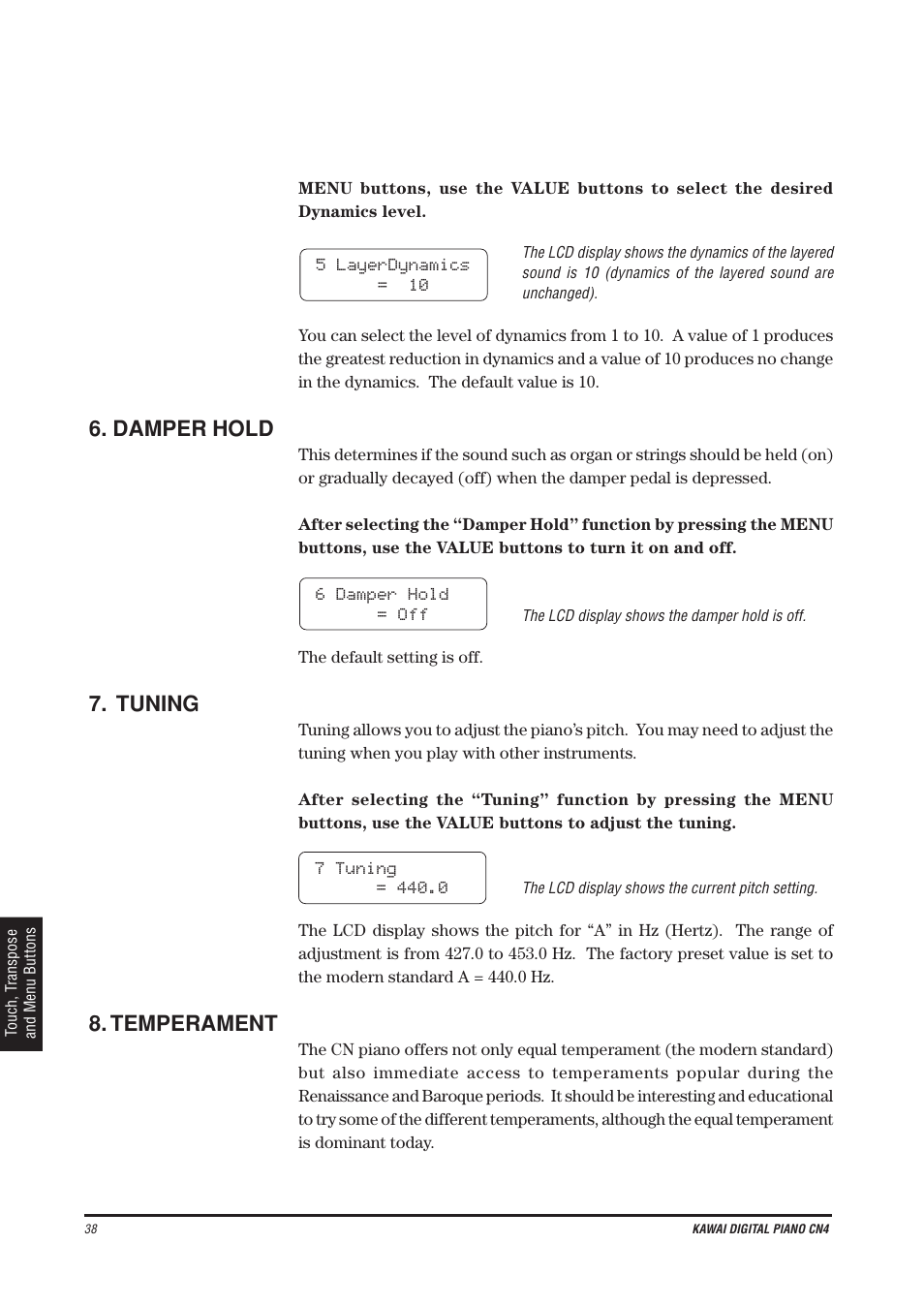 Damper hold, Tuning, Temperament | Kawai CN4 User Manual | Page 42 / 74