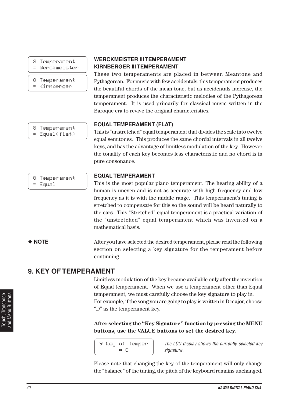 Key of temperament | Kawai CN4 User Manual | Page 44 / 74