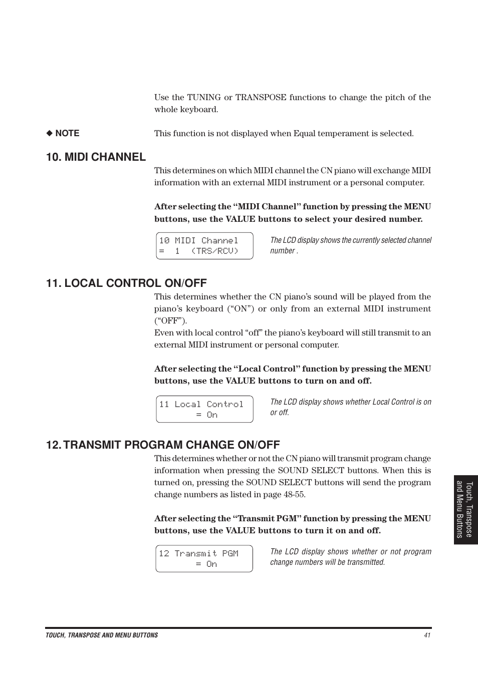 Midi channel, Local control on/off, Transmit program change on/off | Kawai CN4 User Manual | Page 45 / 74