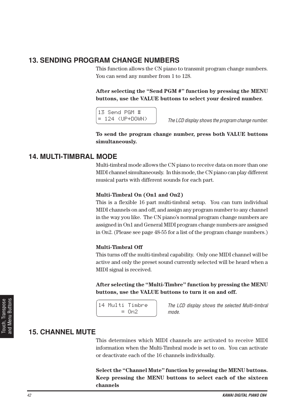 Sending program change numbers, Multi-timbral mode, Channel mute | Kawai CN4 User Manual | Page 46 / 74