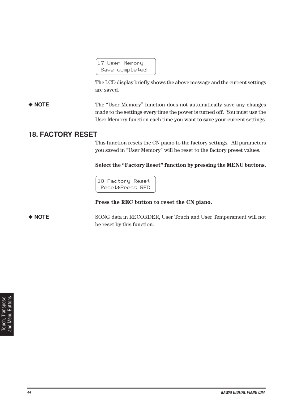 Factory reset | Kawai CN4 User Manual | Page 48 / 74