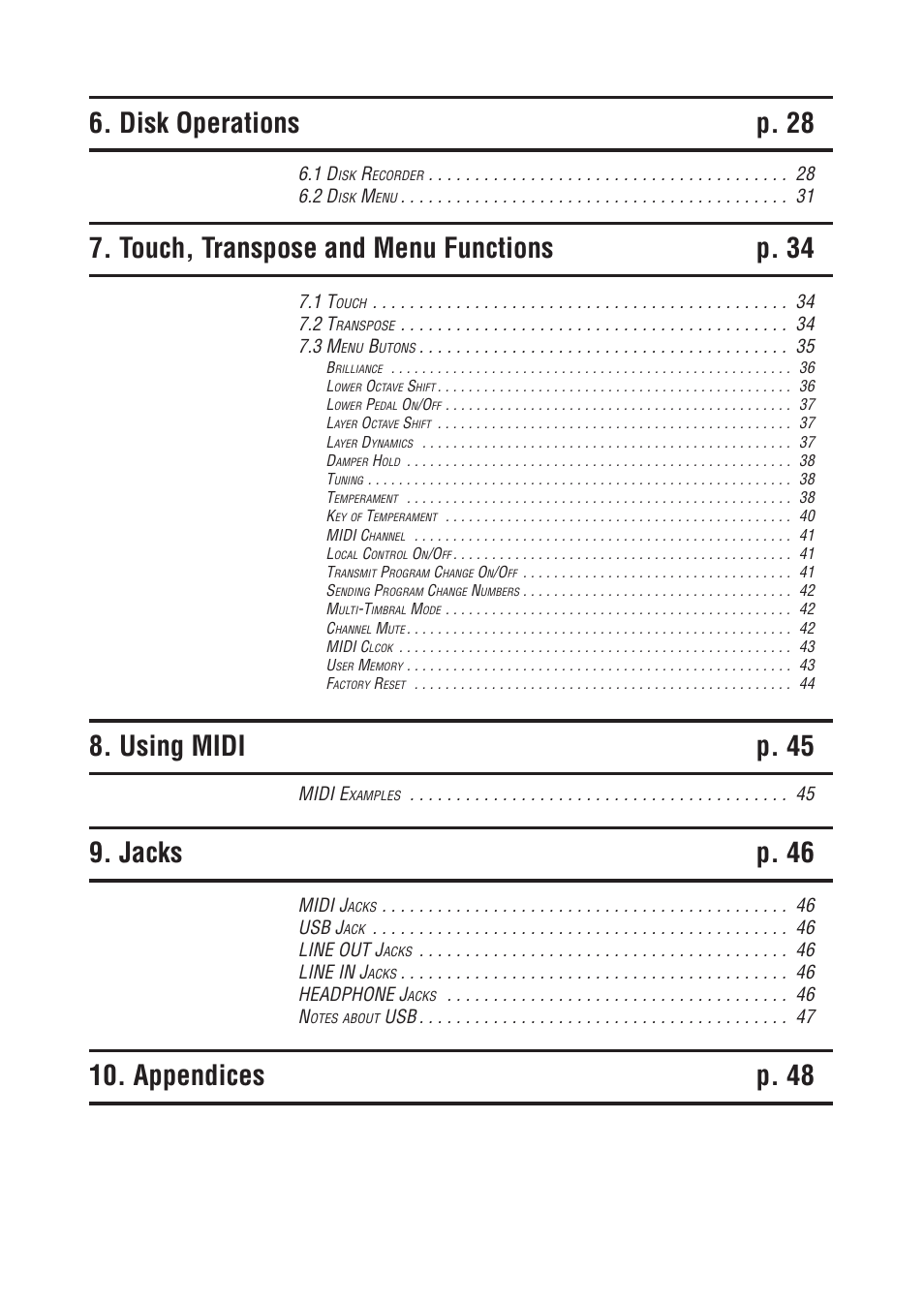 Jacks p. 46, Appendices p. 48 | Kawai CN4 User Manual | Page 9 / 74