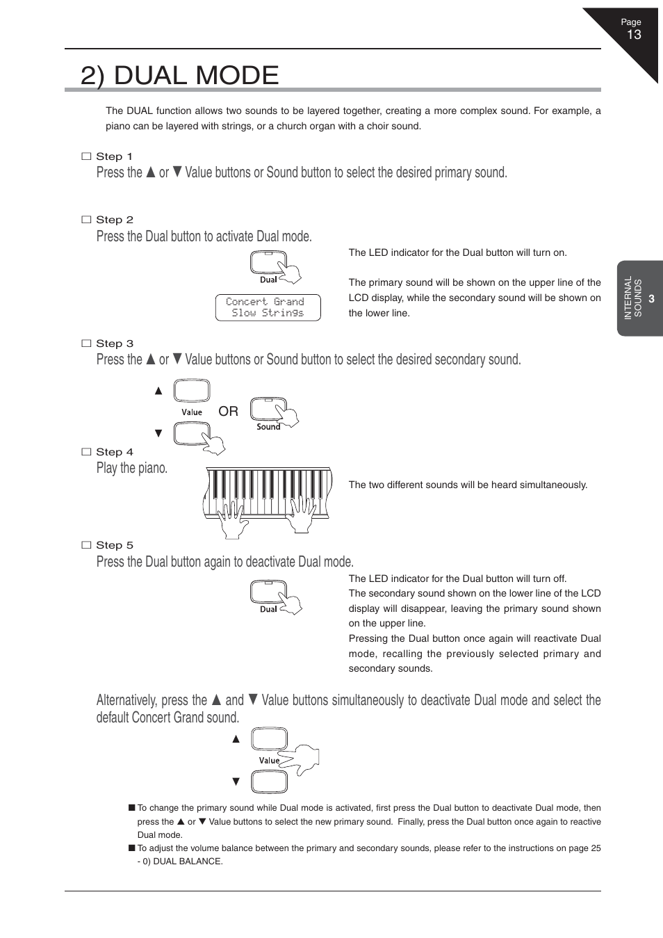 2) dual mode, Press the dual button to activate dual mode, Play the piano | Kawai CA 111 User Manual | Page 13 / 50