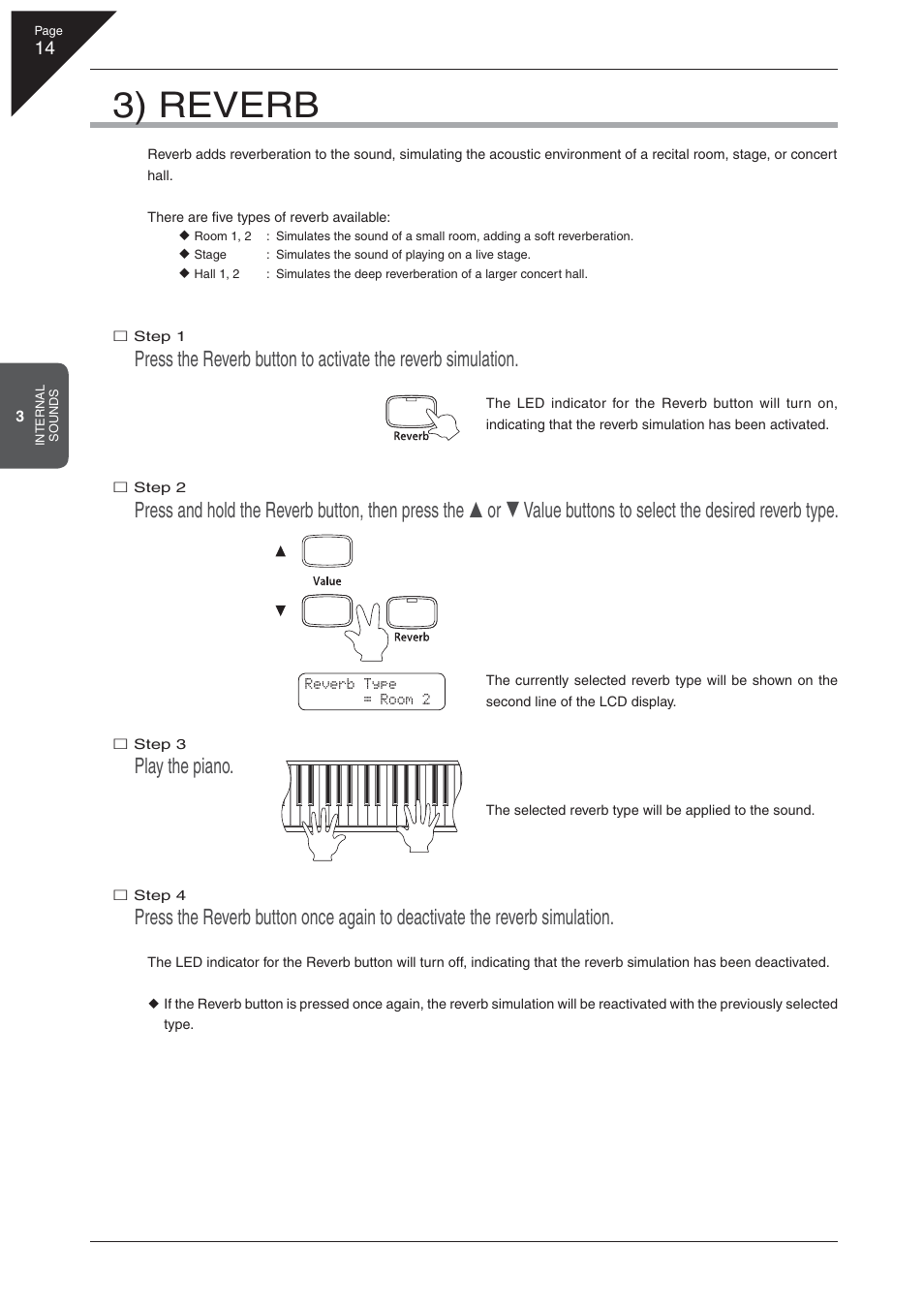 3) reverb, Play the piano | Kawai CA 111 User Manual | Page 14 / 50