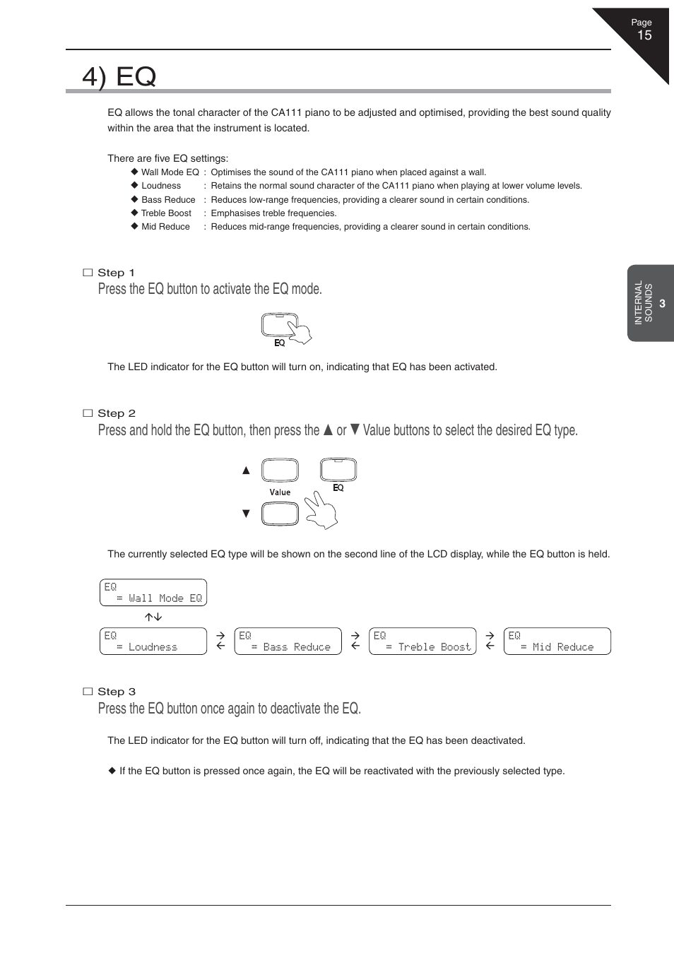 4) eq, Press the eq button to activate the eq mode | Kawai CA 111 User Manual | Page 15 / 50