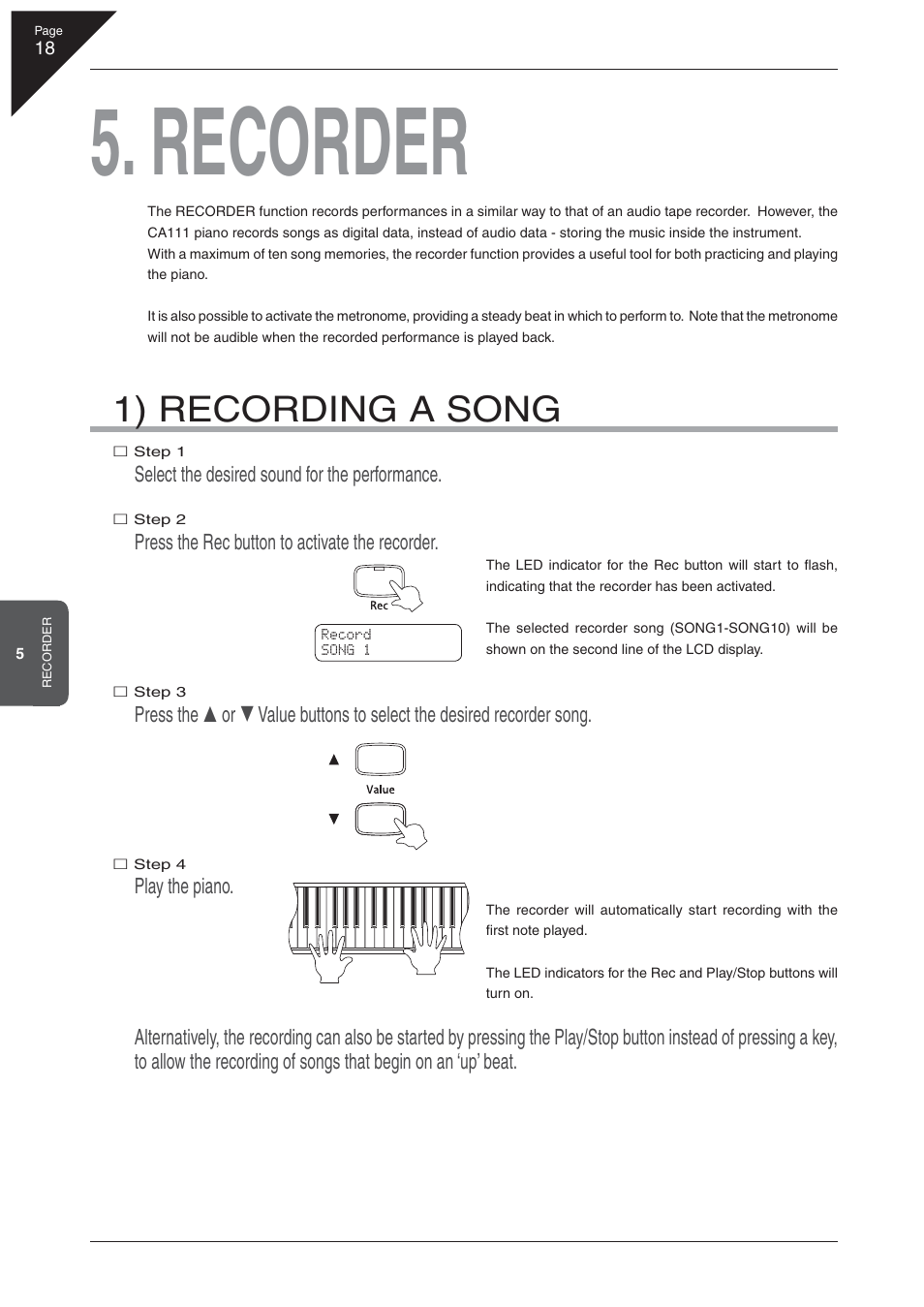 Recorder, 1) recording a song | Kawai CA 111 User Manual | Page 18 / 50