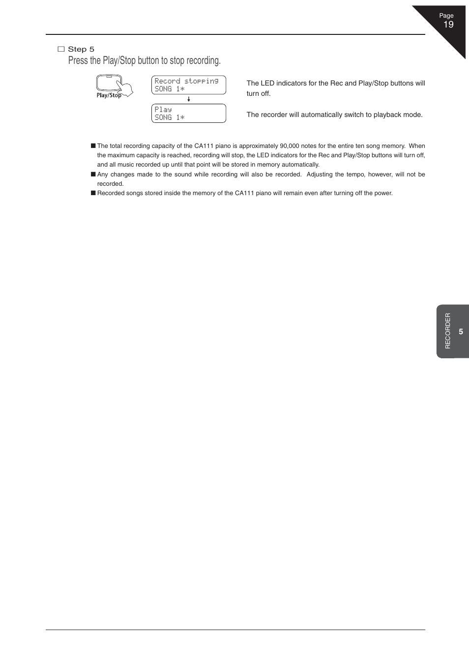 Press the play/stop button to stop recording | Kawai CA 111 User Manual | Page 19 / 50