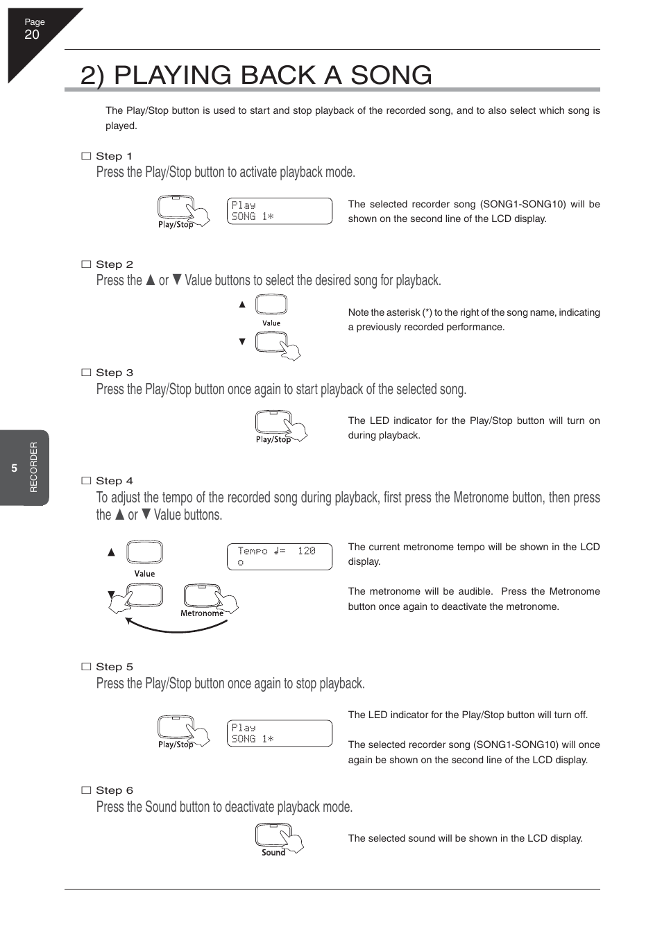 2) playing back a song, Press the sound button to deactivate playback mode | Kawai CA 111 User Manual | Page 20 / 50