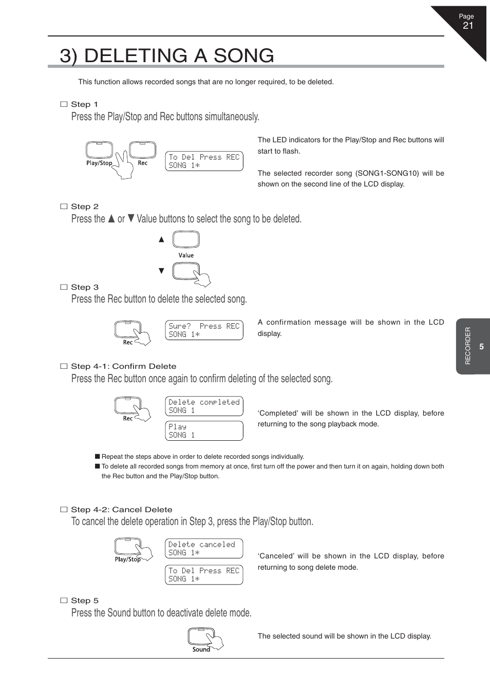 3) deleting a song, Press the play/stop and rec buttons simultaneously, Press the rec button to delete the selected song | Press the sound button to deactivate delete mode | Kawai CA 111 User Manual | Page 21 / 50