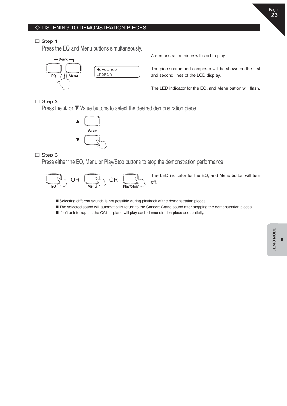 Press the eq and menu buttons simultaneously | Kawai CA 111 User Manual | Page 23 / 50