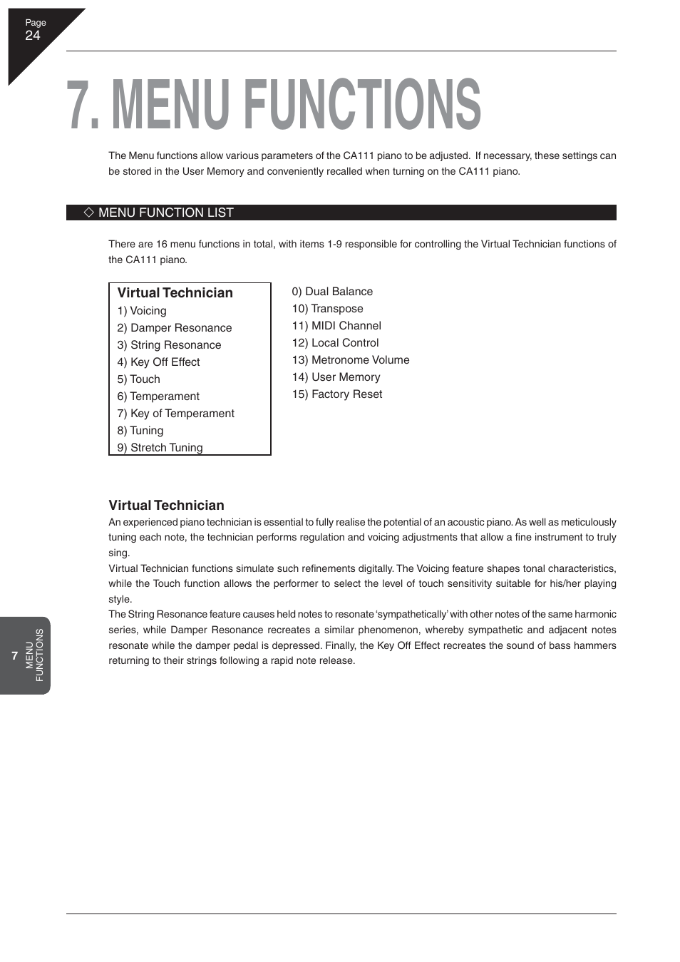 Menu functions | Kawai CA 111 User Manual | Page 24 / 50