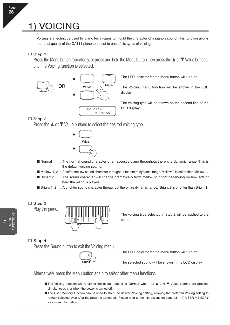 1) voicing, Play the piano, Press the sound button to exit the voicing menu | Kawai CA 111 User Manual | Page 26 / 50