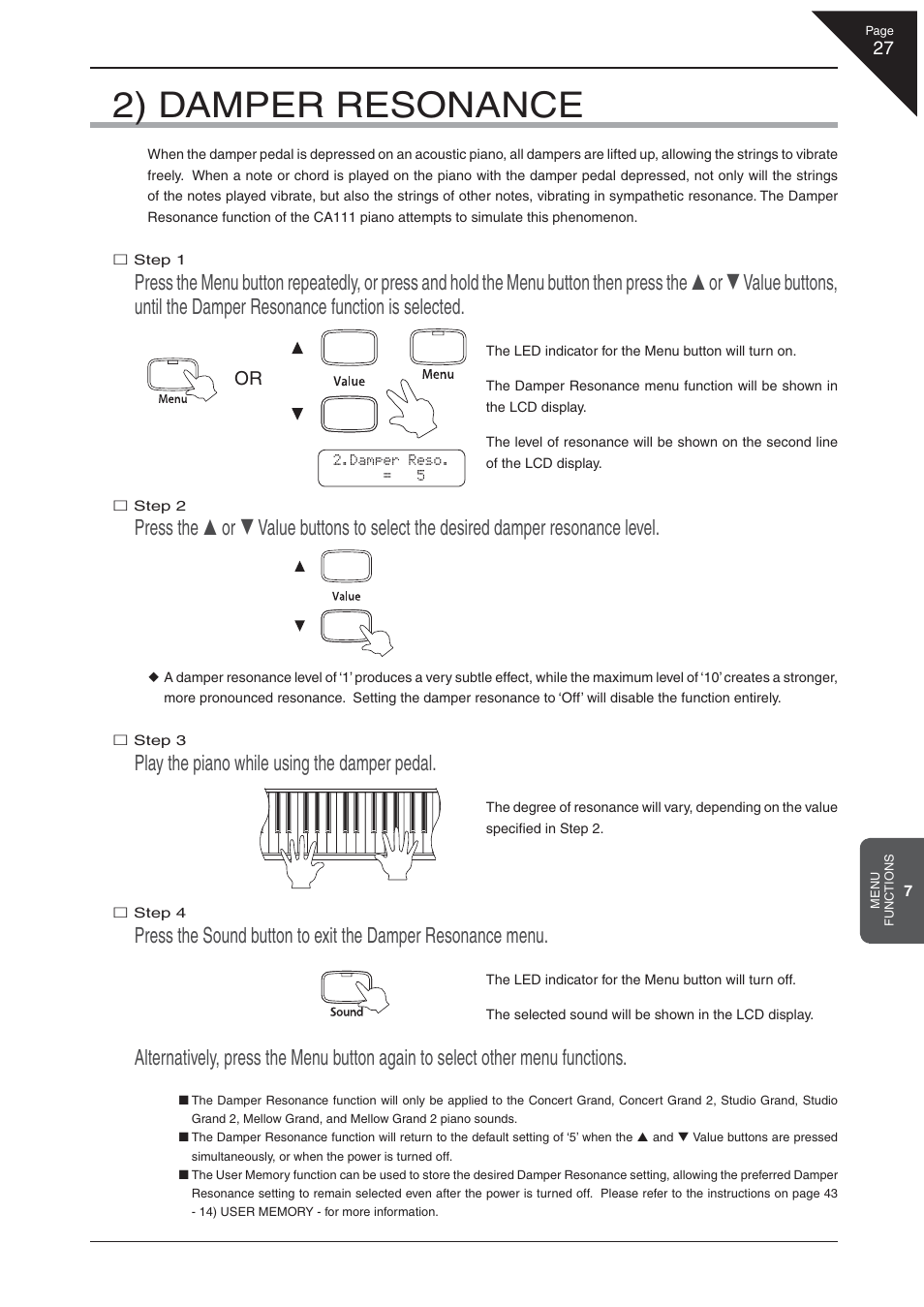 2) damper resonance, Play the piano while using the damper pedal | Kawai CA 111 User Manual | Page 27 / 50