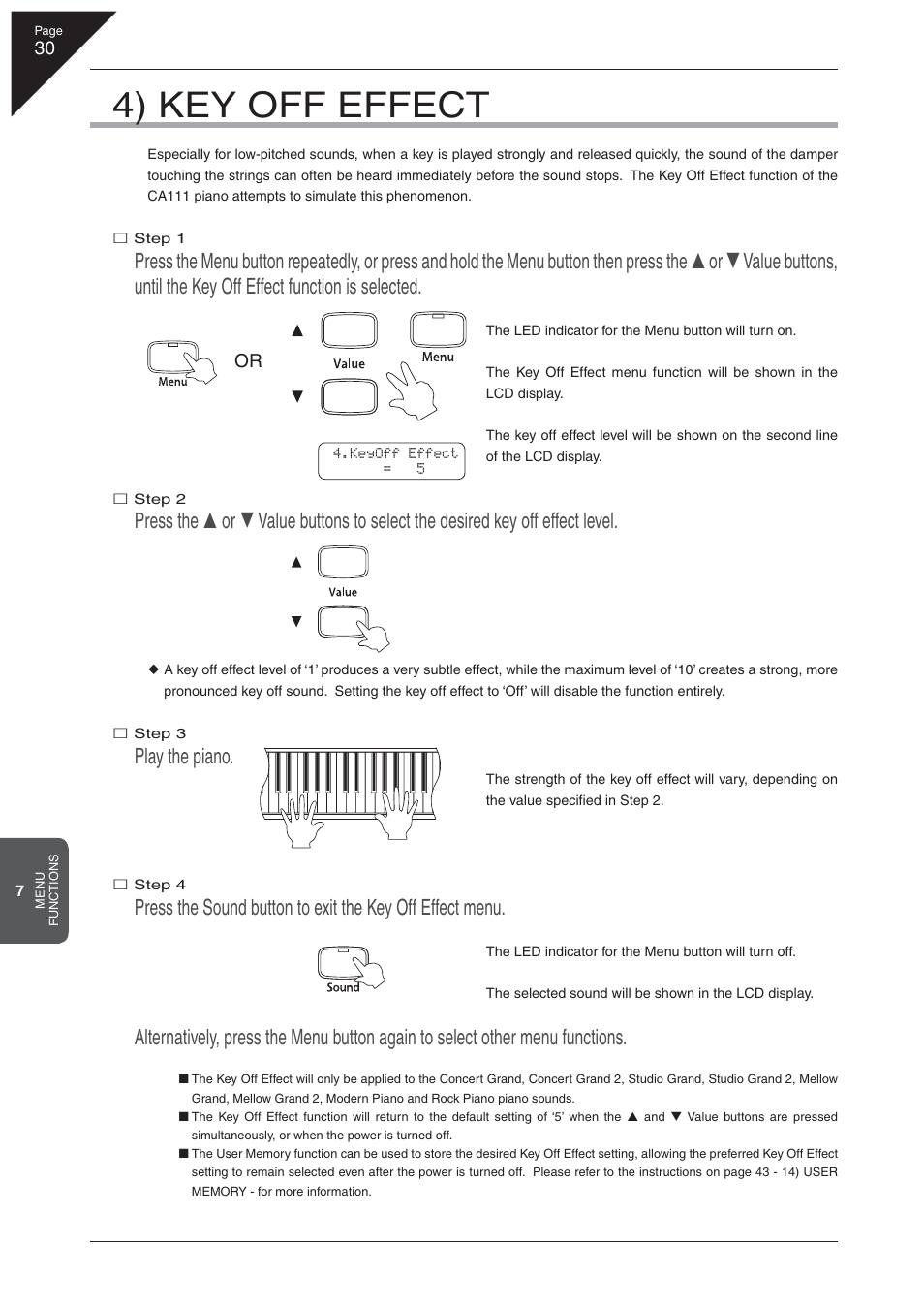 4) key off effect, Play the piano | Kawai CA 111 User Manual | Page 30 / 50