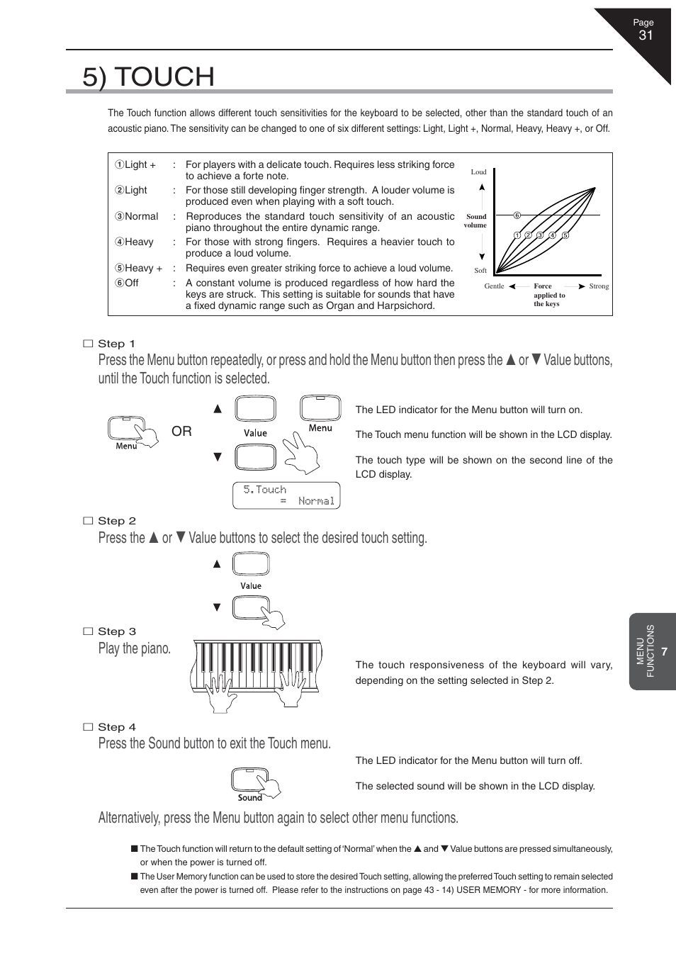 5) touch, Play the piano, Press the sound button to exit the touch menu | Kawai CA 111 User Manual | Page 31 / 50