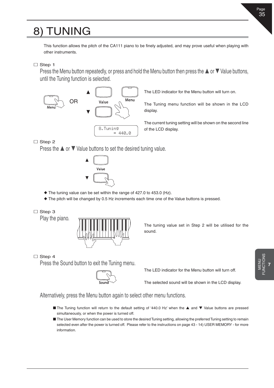 8) tuning, Play the piano, Press the sound button to exit the tuning menu | Kawai CA 111 User Manual | Page 35 / 50