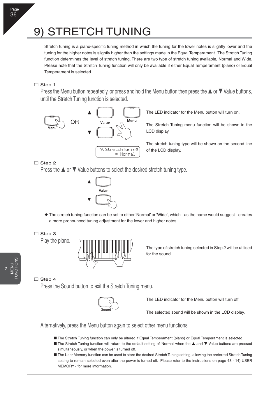 9) stretch tuning, Play the piano | Kawai CA 111 User Manual | Page 36 / 50