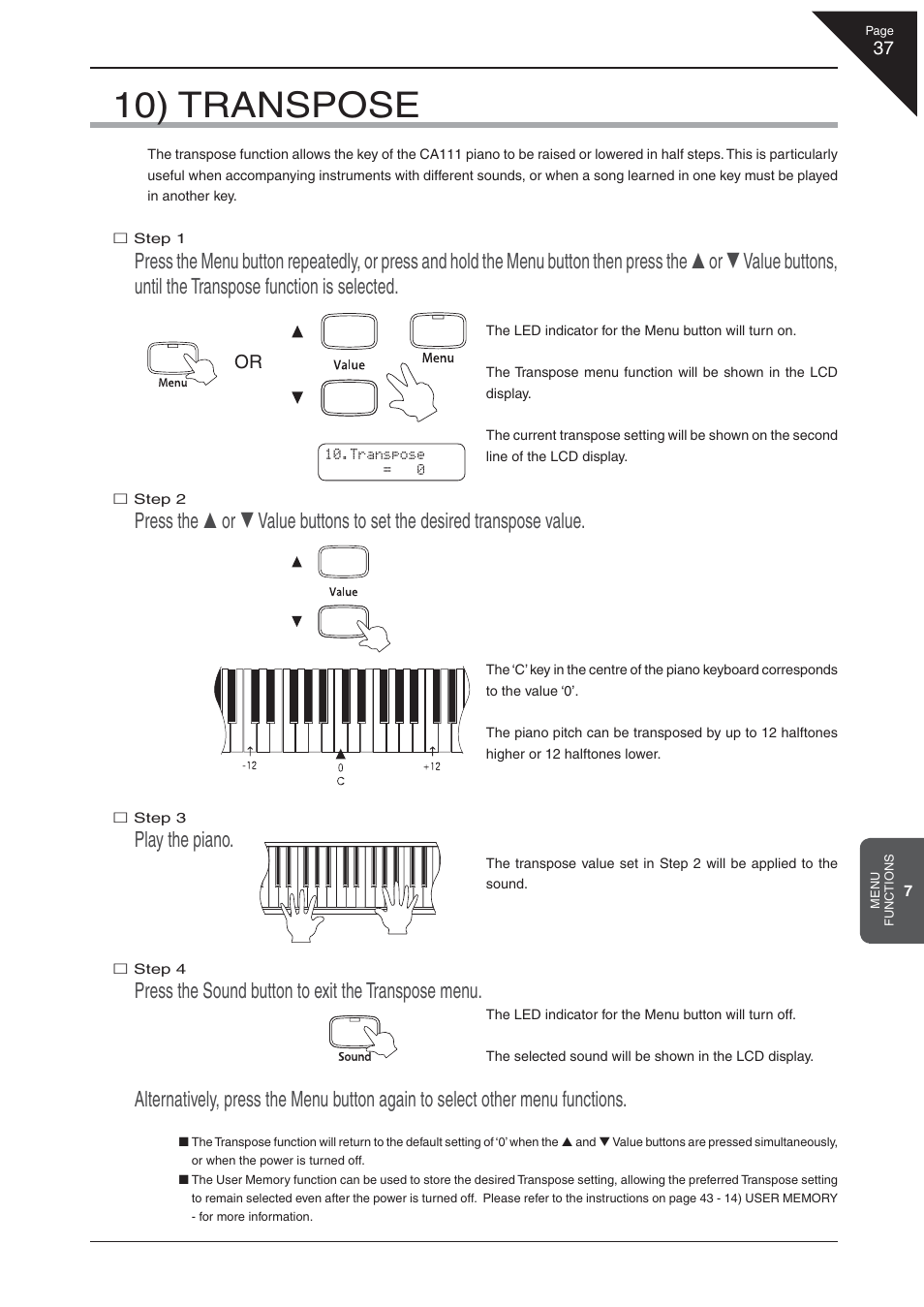 10) transpose, Play the piano, Press the sound button to exit the transpose menu | Kawai CA 111 User Manual | Page 37 / 50