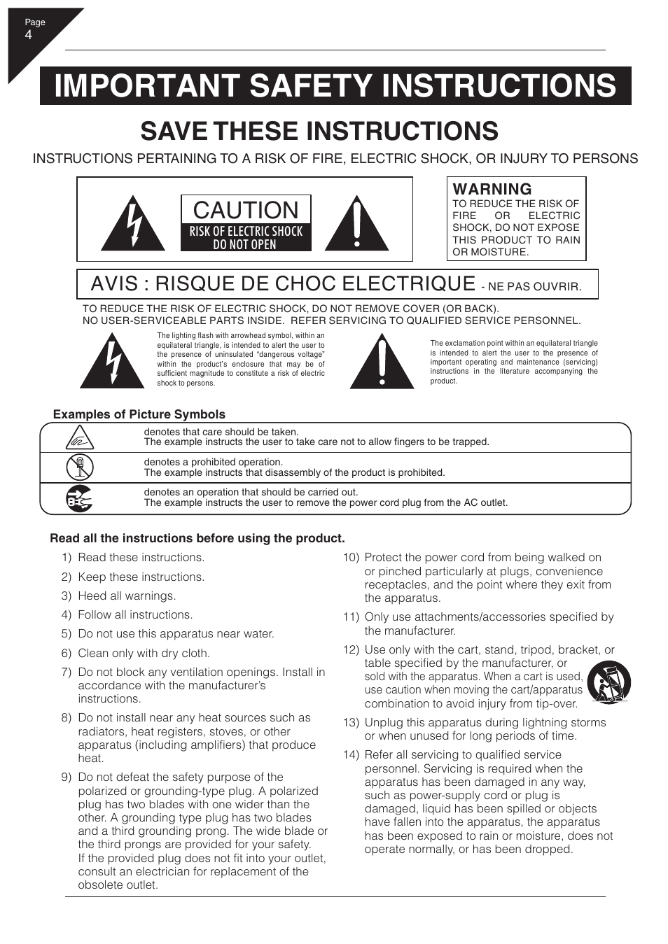 Important safety instructions, Save these instructions, Caution | Avis : risque de choc electrique, Warning | Kawai CA 111 User Manual | Page 4 / 50