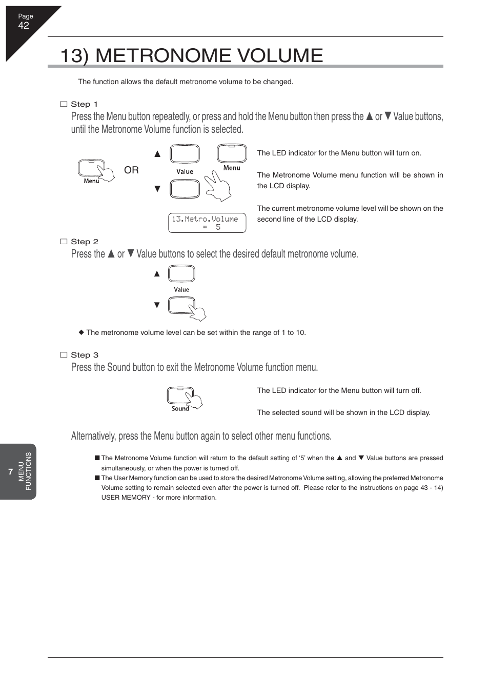 13) metronome volume | Kawai CA 111 User Manual | Page 42 / 50