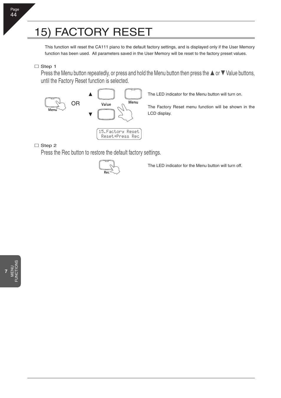 15) factory reset | Kawai CA 111 User Manual | Page 44 / 50